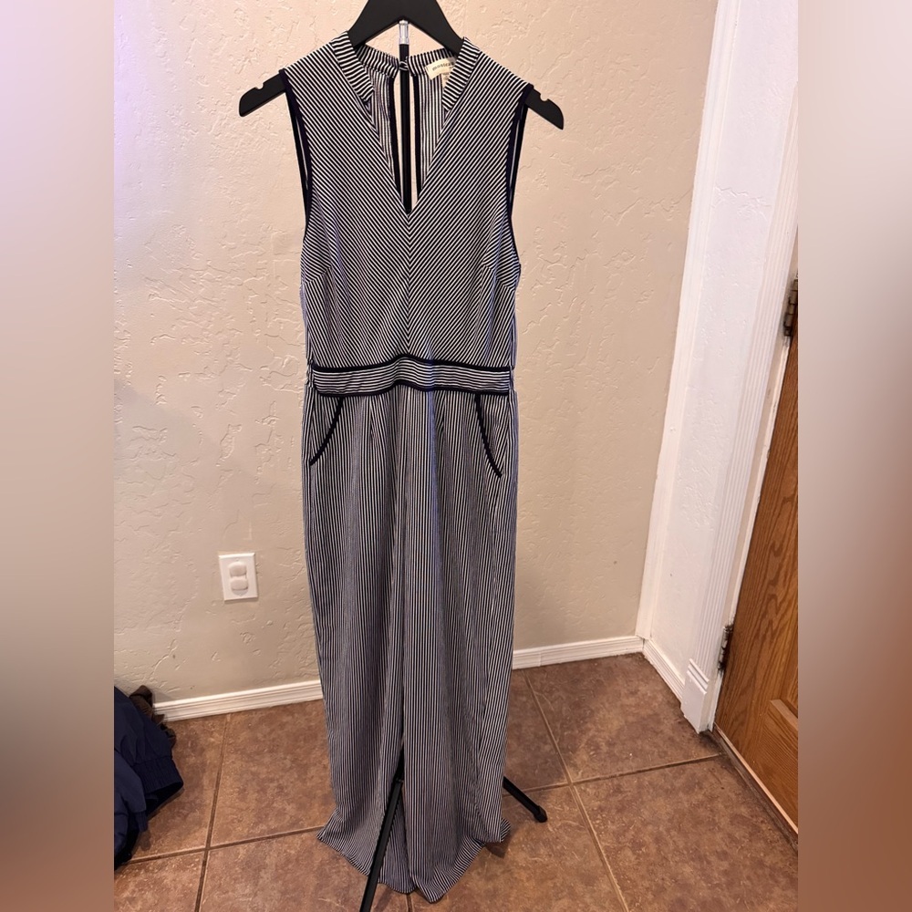 Monteau Navy and White Striped Sleeveless Maxi Jumpsuit
